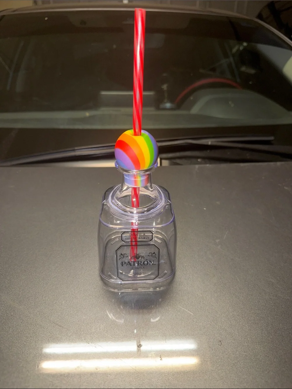 Plastic Patron Inspired Cup wiRainbow Bottle Straw Topper with Red Striped Straw
